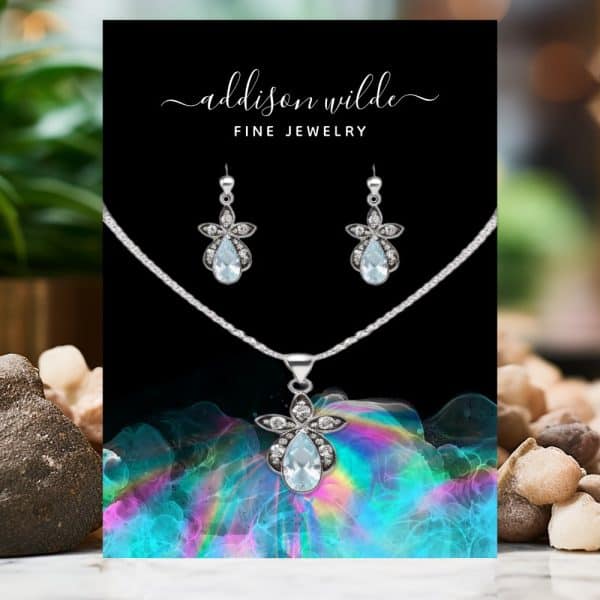 Aquamarine Teardrop Necklace And Earring Set With Silver Flower Accents.