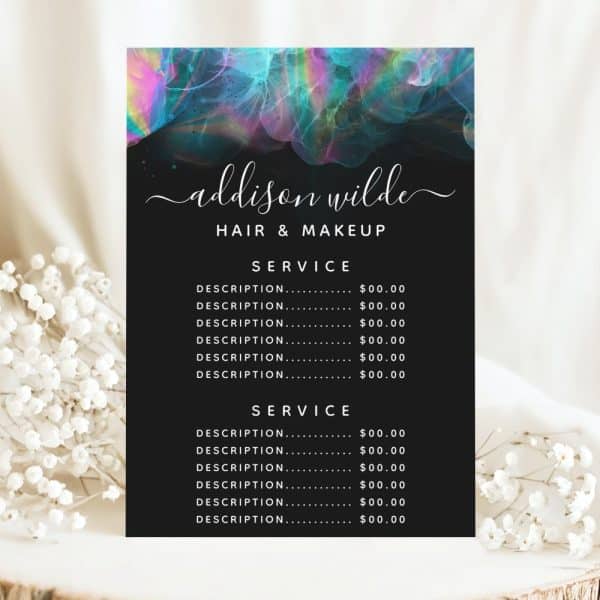 A Black Price List For Hair And Makeup Services By Addison Wilde, Featuring A Colorful Abstract Background.