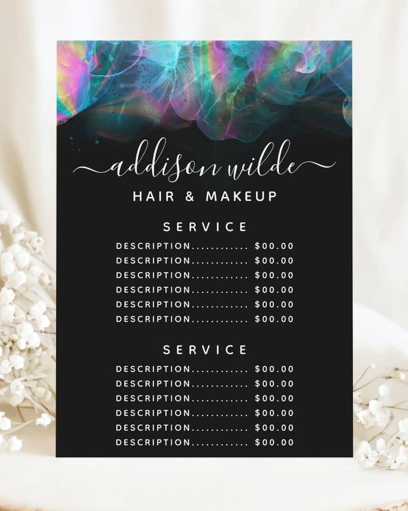 A black price list for hair and makeup services by Addison Wilde, featuring a colorful abstract background.