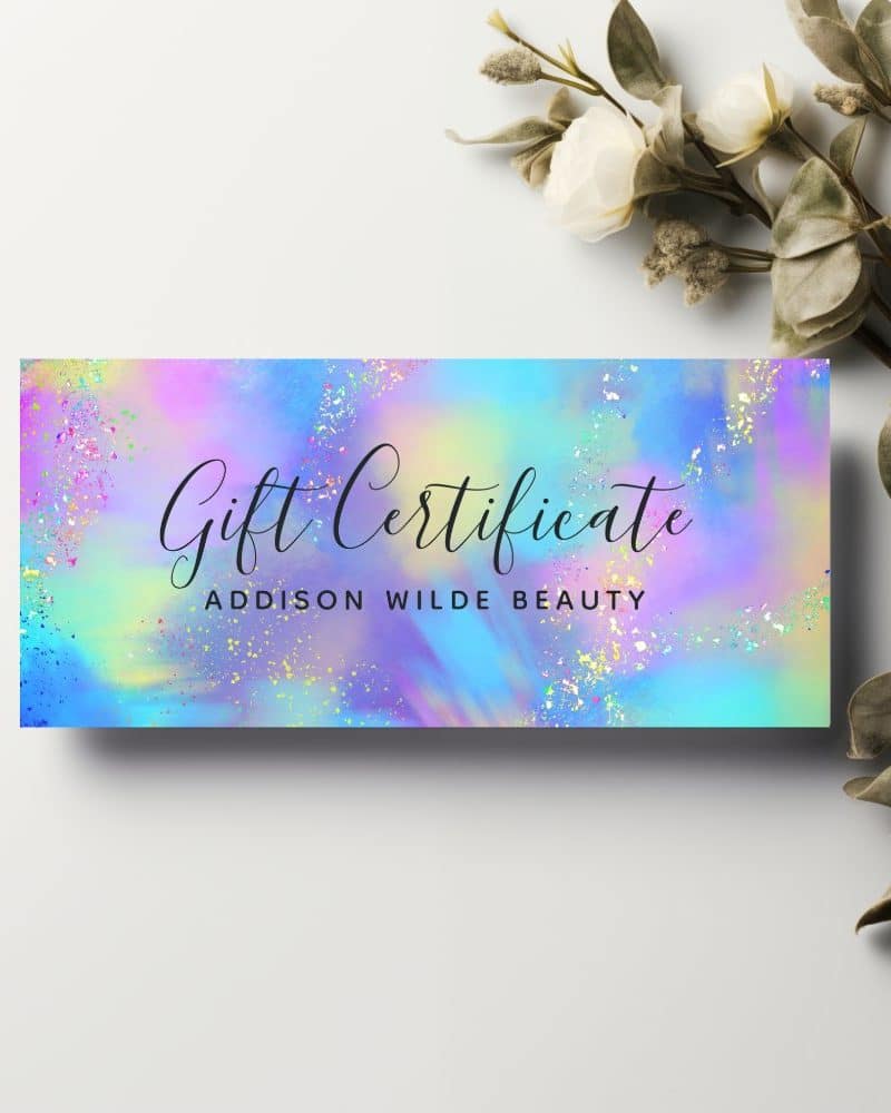 Pastel rainbow gift certificate from Addison Wilde Beauty.