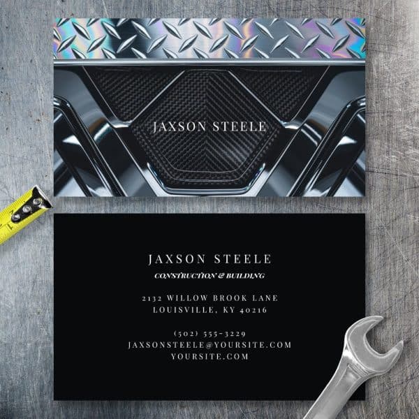 Jaxson Steele Construction And Building Business Card With A Metallic Design.