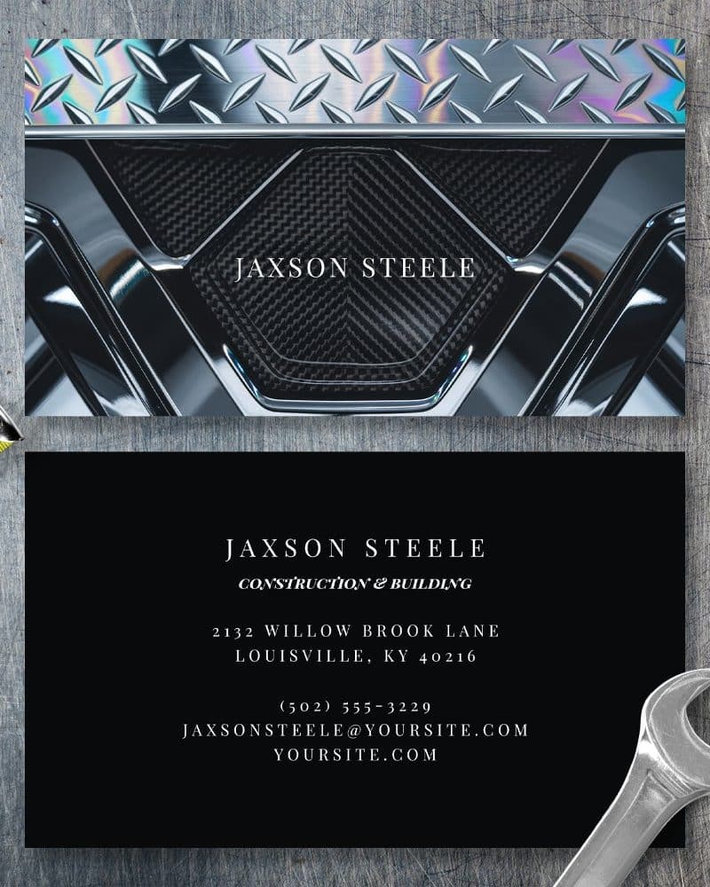 Jaxson Steele construction and building business card with a metallic design.