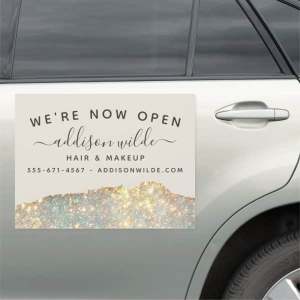 A Car Magnet Announcing The Grand Opening Of Addison Wilde Hair &Amp; Makeup, Including Contact Information.