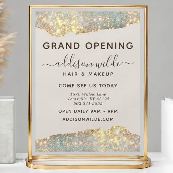 Grand Opening Sign For Addison Wilde Hair &Amp; Makeup, Including Address, Phone Number, And Website.