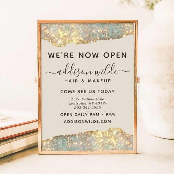 Grand Opening Sign For Addison Wilde Hair &Amp; Makeup, Including Address And Hours.