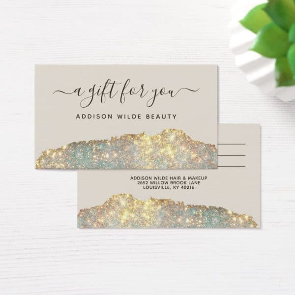 Addison Wilde Beauty Gift Card With Gold Glitter Design.