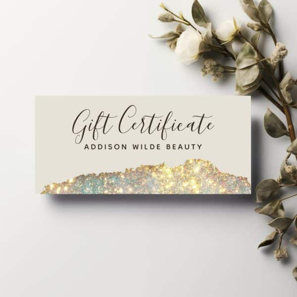 Addison Wilde Beauty Gift Certificate With Gold Glitter Design.