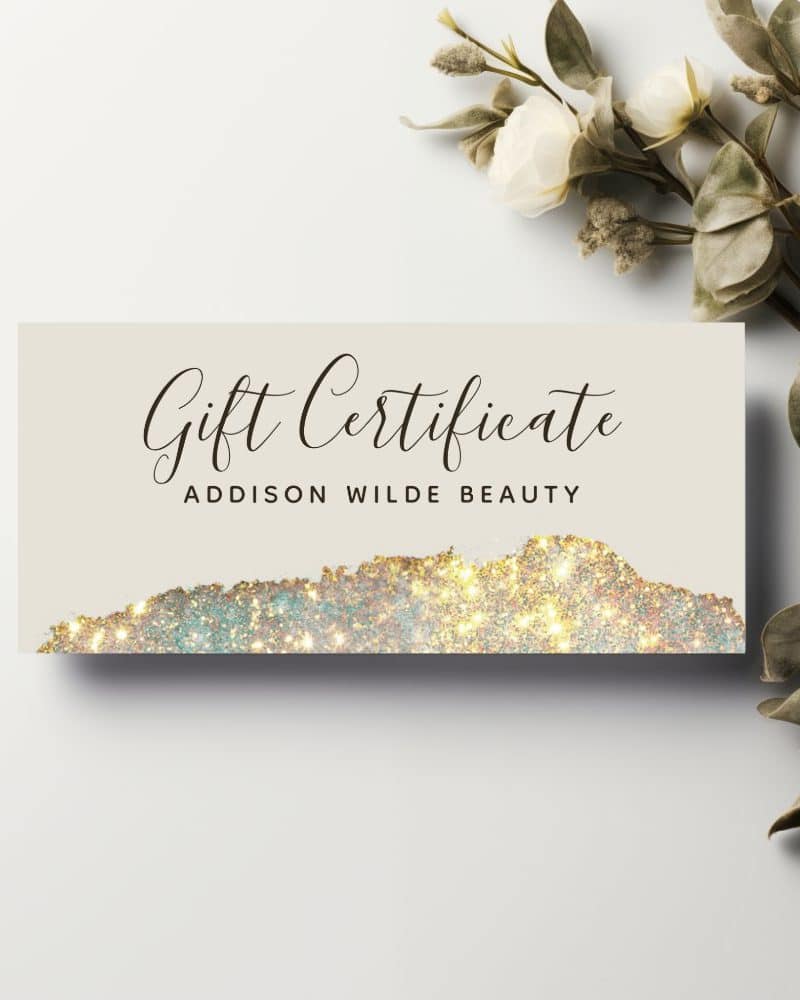 Addison Wilde Beauty gift certificate with gold glitter design.