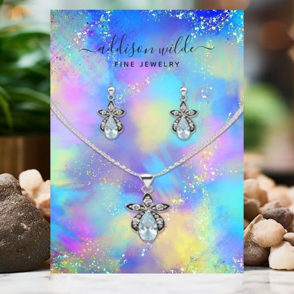Silver Necklace And Earrings Set With Light Blue Teardrop Gemstones.