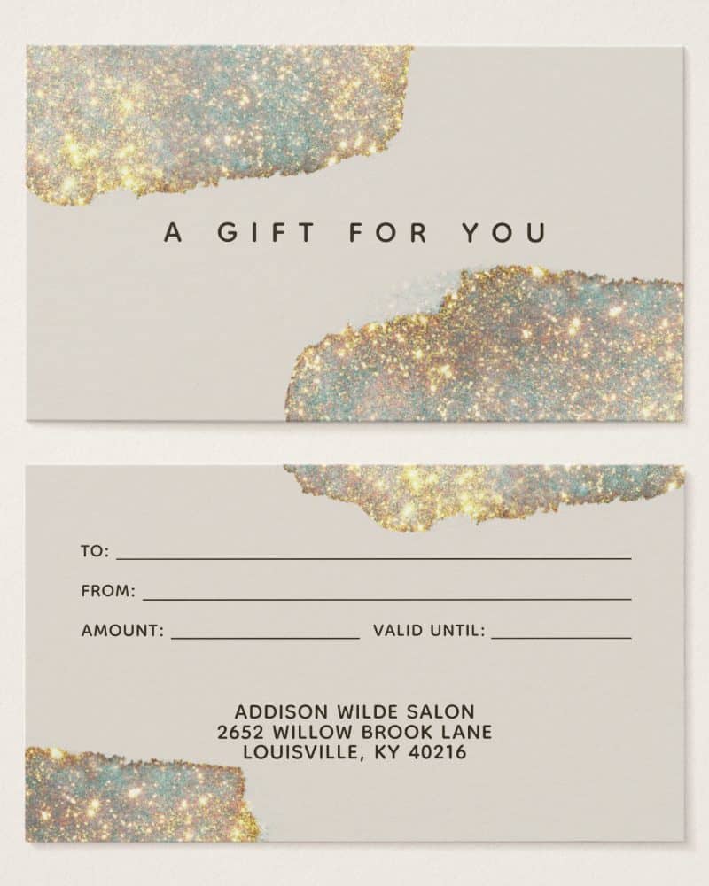 Gift certificate with gold and beige glitter design.
