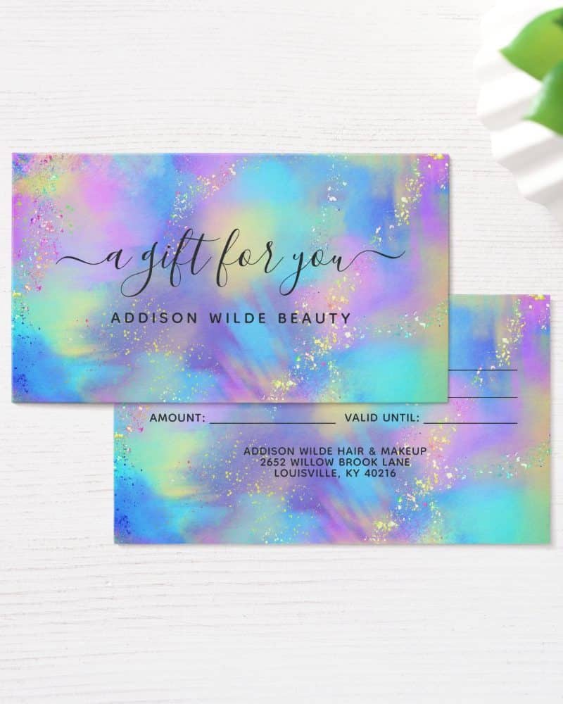 Pastel rainbow gift certificate for Addison Wilde Beauty with gold glitter.