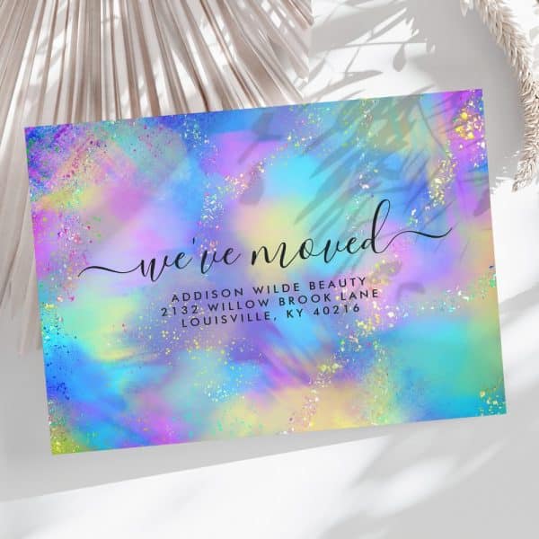 Pastel Rainbow-Colored Moving Announcement With Glitter And Cursive Lettering.