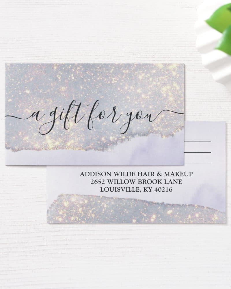 Gift certificate with lavender and gold glitter design.