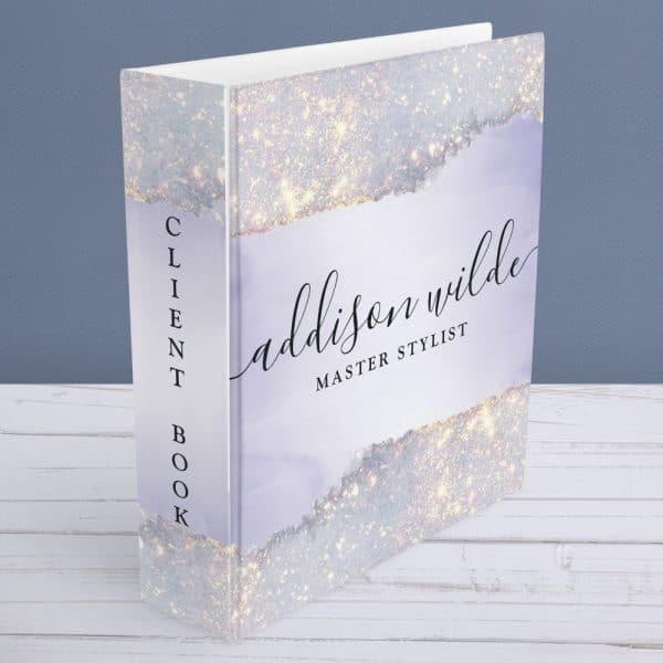 Client Book For Addison Wilde, Master Stylist. The Cover Features A Design Of Purple And Gold Glitter.