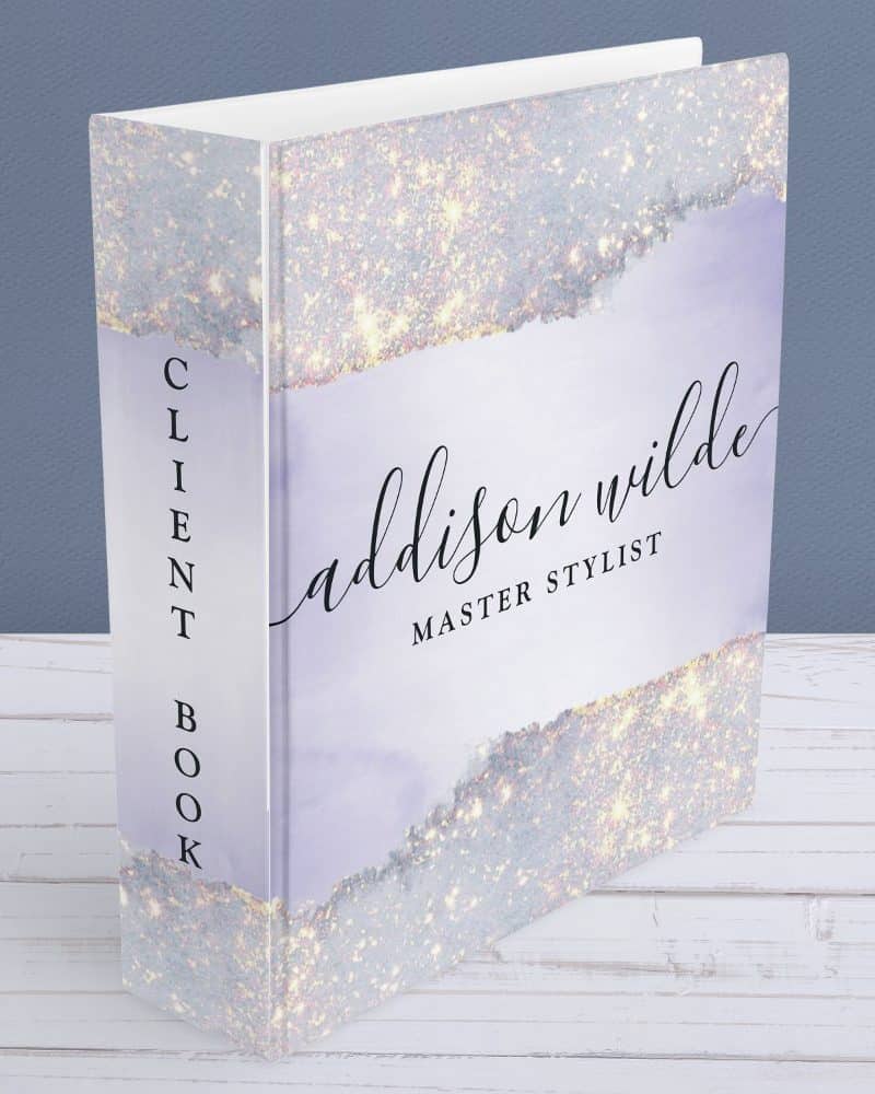 Client book for Addison Wilde, Master Stylist. The cover features a design of purple and gold glitter.