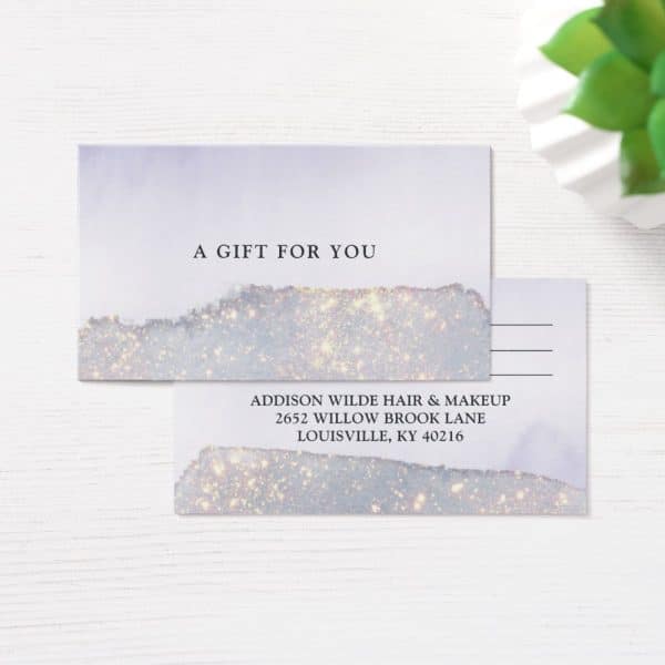 A Lavender Gift Certificate With Gold Glitter Accents From Addison Wilde Hair &Amp; Makeup.