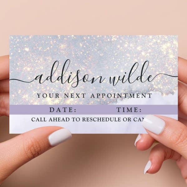 Appointment Reminder Card For Addison Wilde With Space To Fill In Date And Time. The Card Has A Sparkly, Light Gray Background.