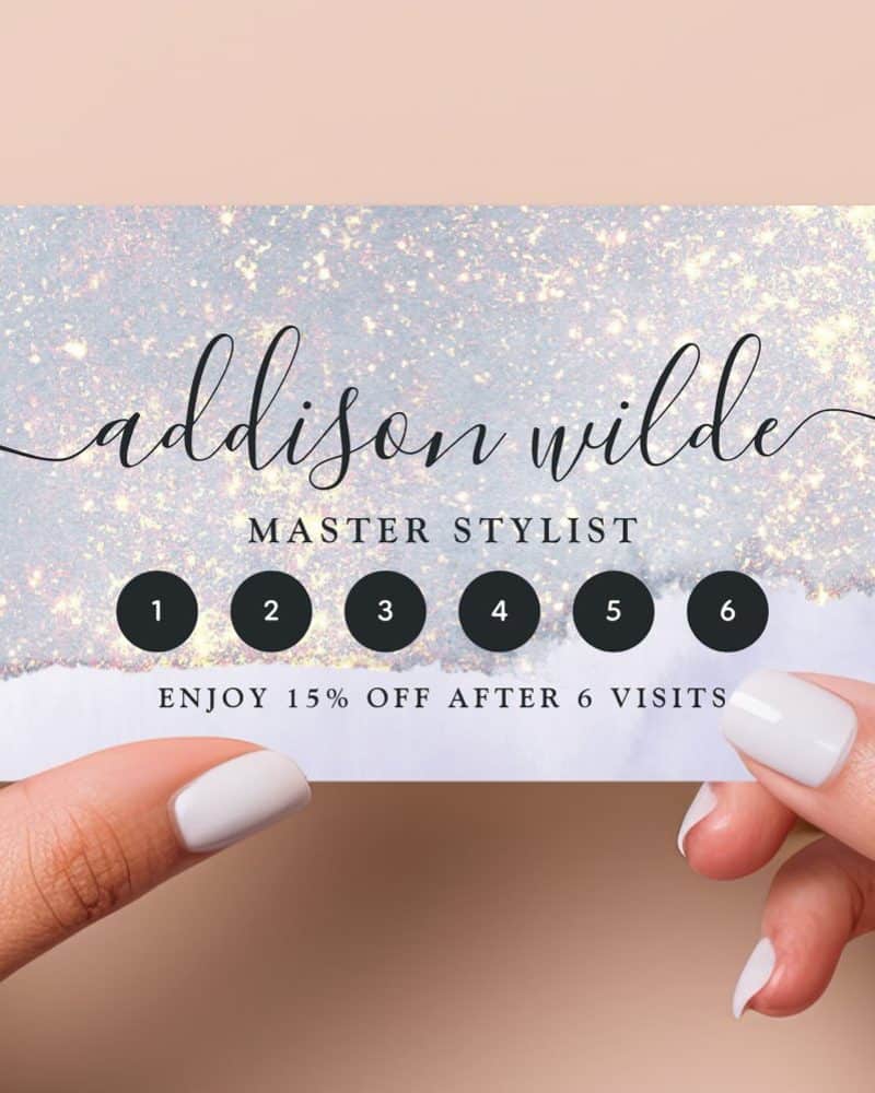 Loyalty card for Addison Wilde, Master Stylist; six visit punch card with 15% off reward.