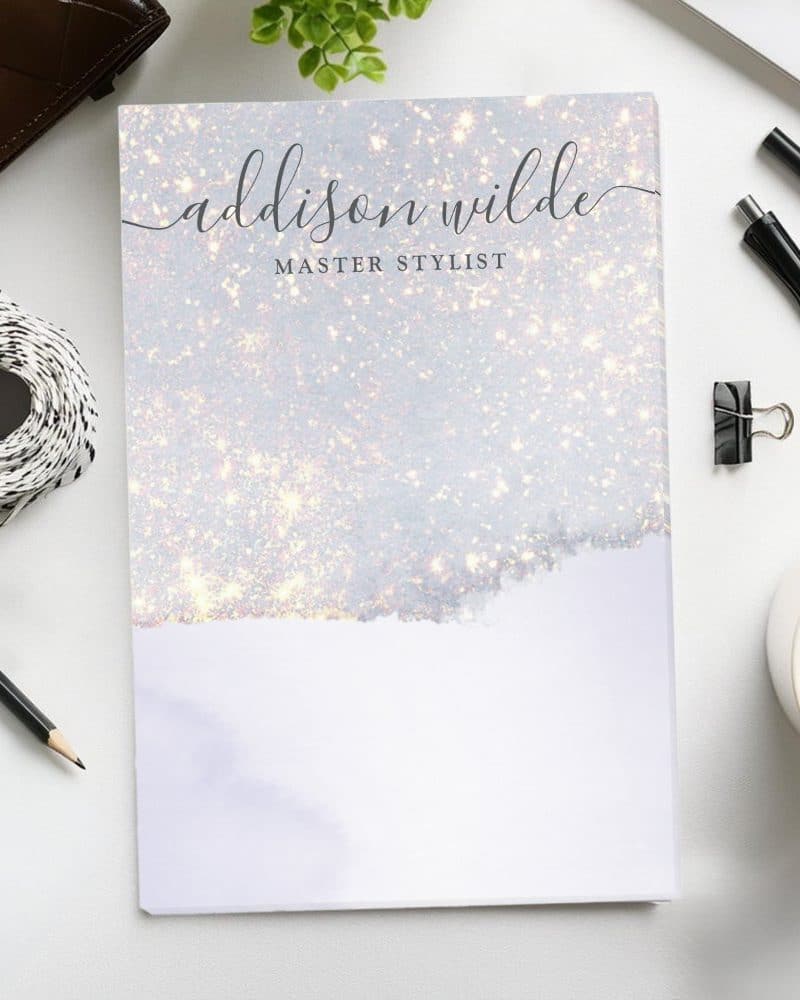 Addison Wilde Master Stylist notebook with a sparkly light gray and white cover.
