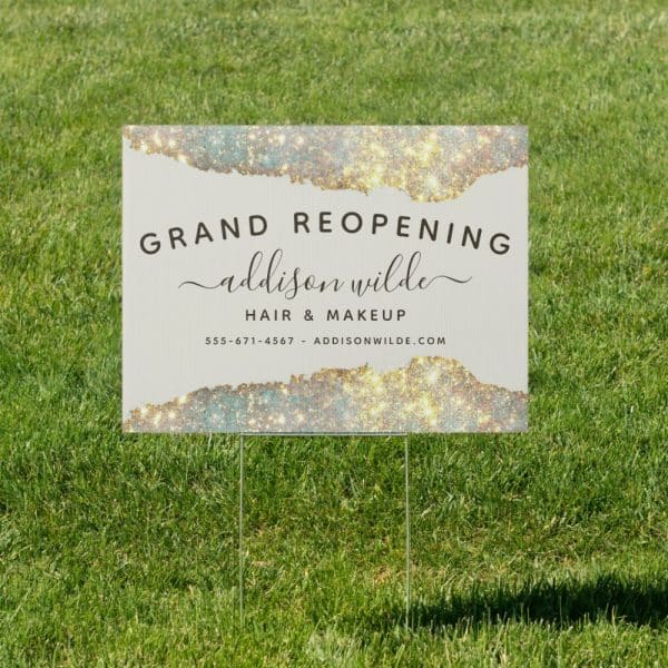 Grand Reopening Sign For Addison Wilde Hair &Amp; Makeup. The Sign Features A Sparkly Design.