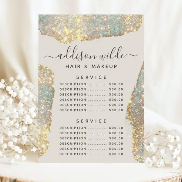 Addison Wilde Hair And Makeup Price List With Sparkly Background.