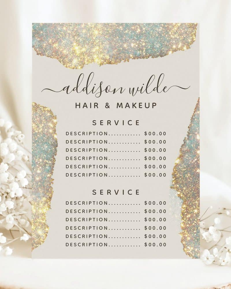 Addison Wilde hair and makeup price list with sparkly background.