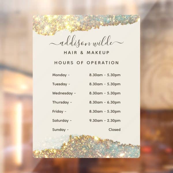 Addison Wilde Hair &Amp; Makeup Business Hours Sign With A Sparkly Design.