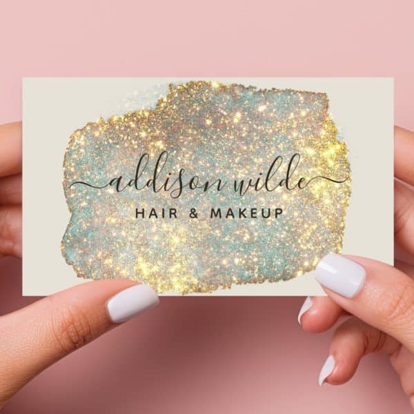 Business Card With Gold And Teal Glitter Design, Featuring The Name Addison Wilde Hair &Amp; Makeup.