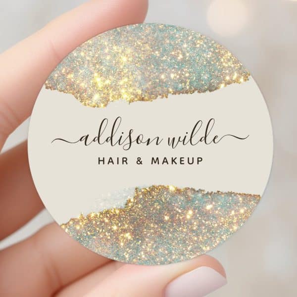 Round Business Card With Gold And Teal Glitter Design, Featuring The Name Addison Wilde, Hair &Amp; Makeup.