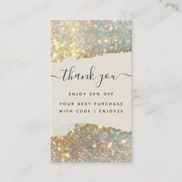 Thank You Coupon With Gold And Teal Glitter Design Offering 20% Off Next Purchase With Code Enjoy20.