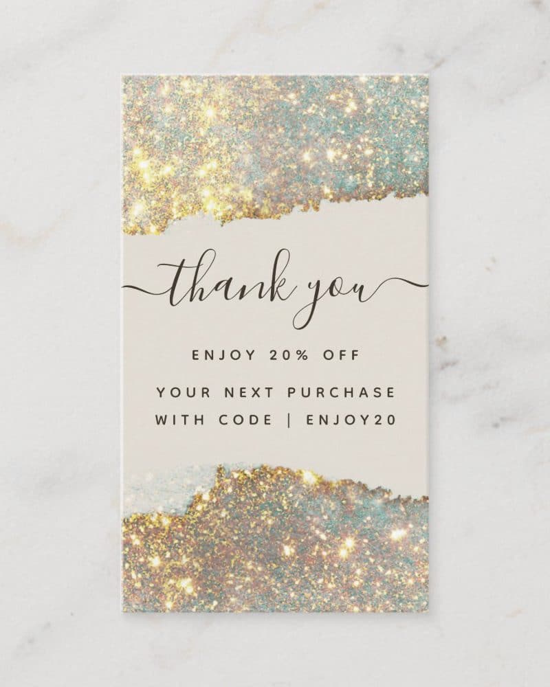 Thank you coupon with gold and teal glitter design offering 20% off next purchase with code ENJOY20.