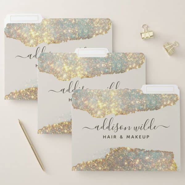 Three File Folders With A Sparkly Gold And Beige Design And The Name Addison Wilde Hair &Amp; Makeup.