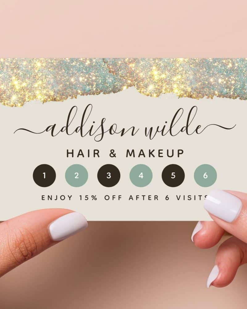 A six-visit loyalty card for Addison Wilde Hair & Makeup, featuring a sparkly design.
