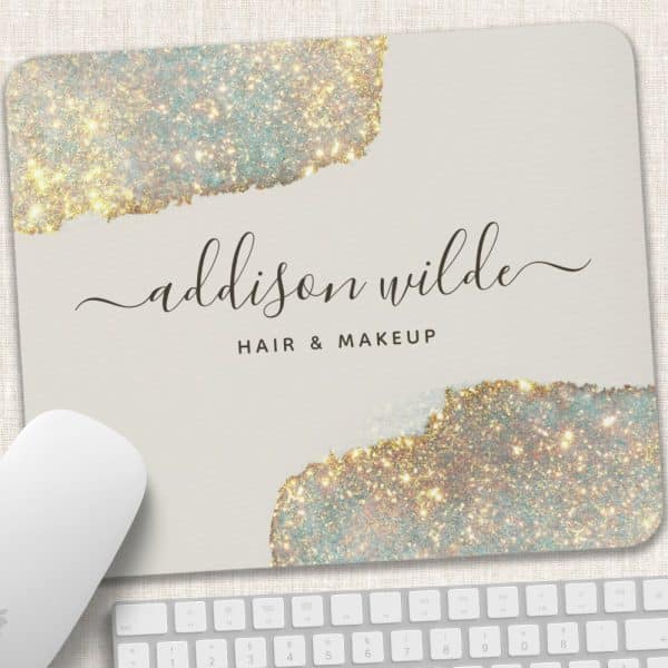 Mousepad With Addison Wilde Hair &Amp; Makeup Logo; Gold And Teal Glitter Design.
