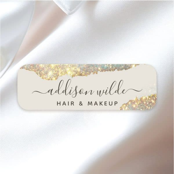 Rectangular Business Card Or Label With Gold Glitter Accents, Featuring The Name Addison Wilde And Hair &Amp; Makeup.