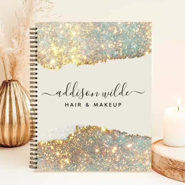 Spiral-Bound Notebook With A Glitter Design And Addison Wilde Hair &Amp; Makeup Text.