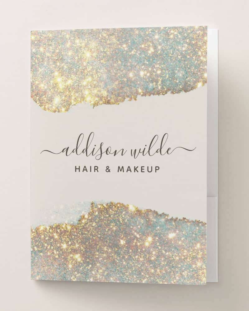 Gold and teal glitter folder with Addison Wilde Hair & Makeup text.