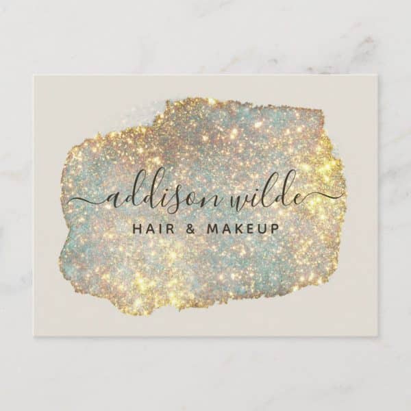Business Card For Addison Wilde Hair &Amp; Makeup; Design Features A Sparkly, Gold And Teal Abstract Watercolor Wash.