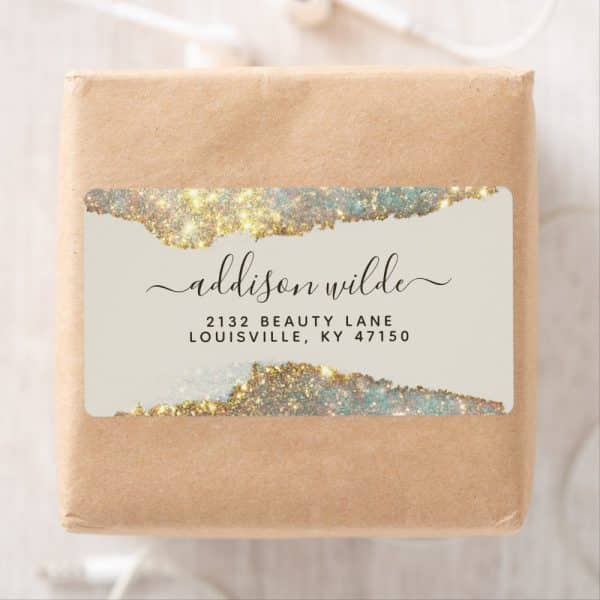 Return Address Label With Gold And Teal Glitter Design, Showing Addison Wilde'S Address.