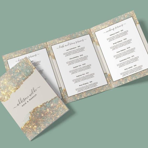 Tri-Fold Brochure Showcasing Hair And Makeup Services, Featuring A Sparkly Gold And White Design.