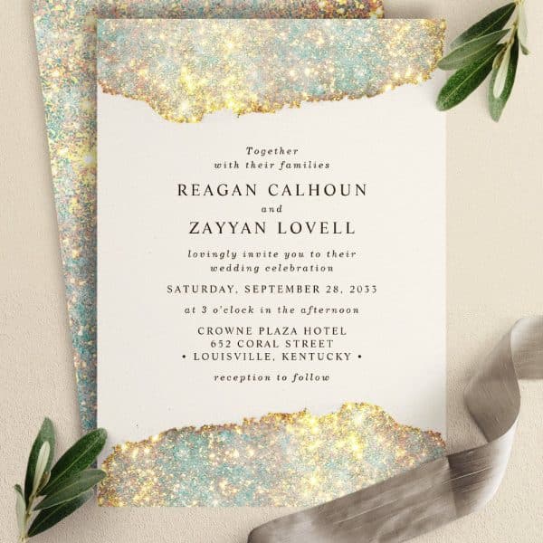 Wedding Invitation For Reagan Calhoun And Zayyan Lovell, Featuring Gold And Teal Sparkly Accents.