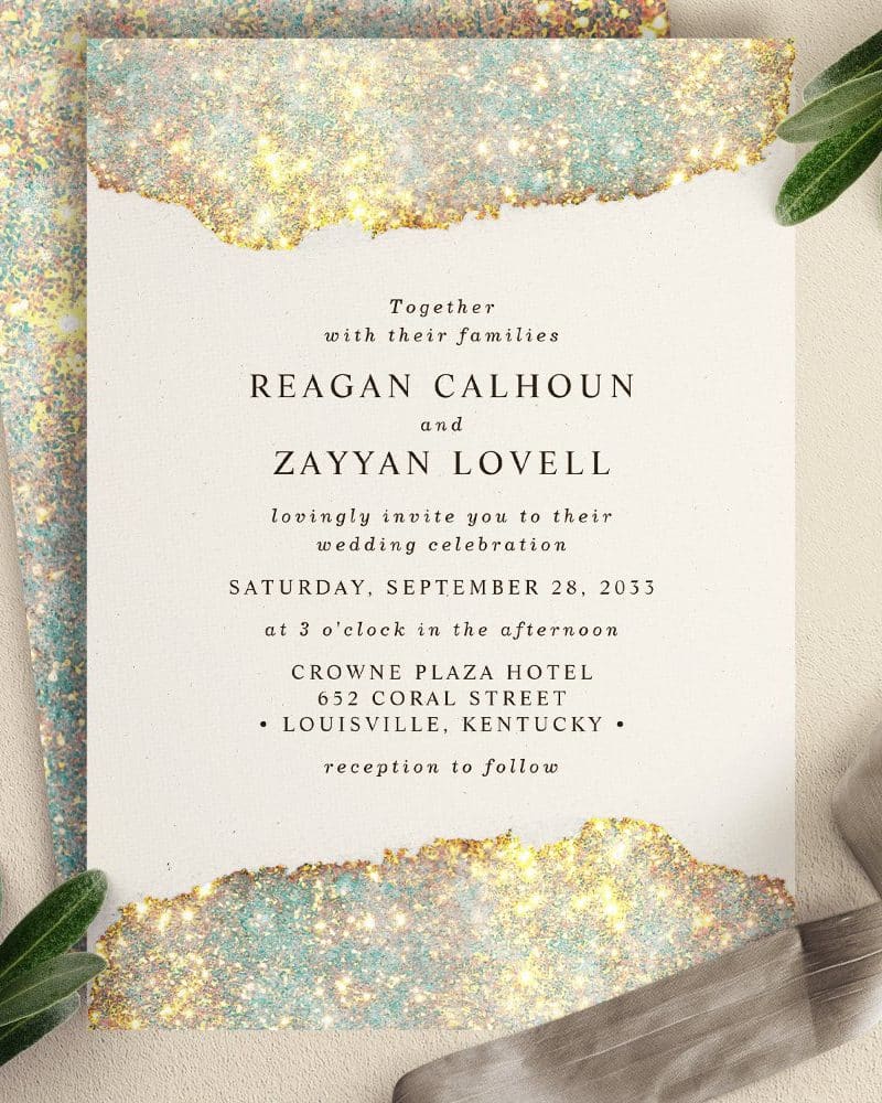 Wedding invitation for Reagan Calhoun and Zayyan Lovell, featuring gold and teal sparkly accents.