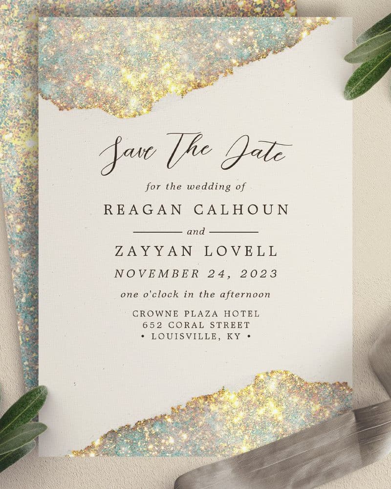 Save the date for the wedding of Reagan Calhoun and Zayyan Lovell, November 24, 2023, at the Crowne Plaza Hotel in Louisville, Kentucky.