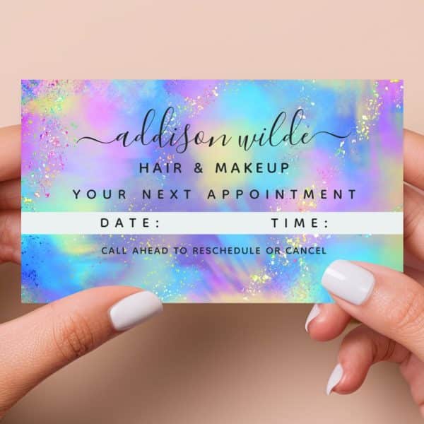 Appointment Reminder Card For Addison Wilde Hair &Amp; Makeup, Featuring A Colorful Iridescent Design.