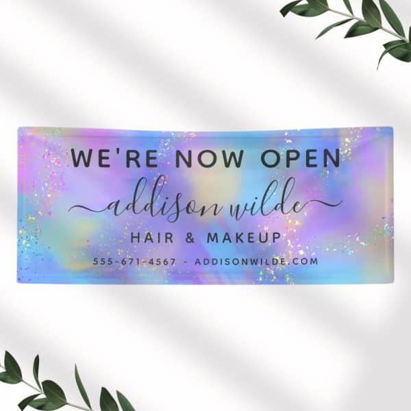 Grand Opening Banner For Addison Wilde Hair &Amp; Makeup. A Pastel Iridescent Background With Glitter Accents.
