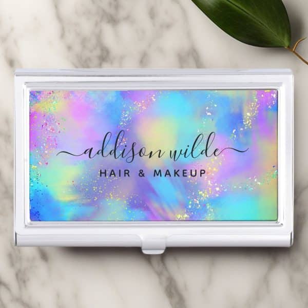 Silver Business Card Holder With A Pastel Rainbow Design And The Name Addison Wilde, Hair &Amp; Makeup.