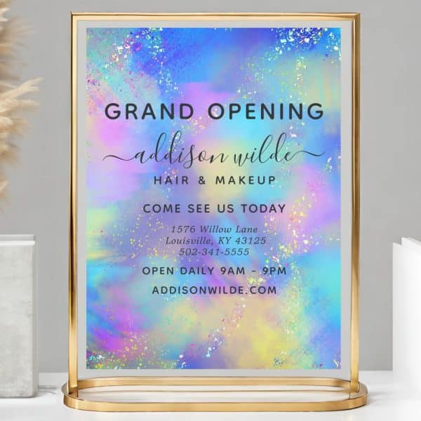 A Pastel-Colored Grand Opening Sign For Addison Wilde Hair &Amp; Makeup, Displaying The Business'S Address, Phone Number, And Website.