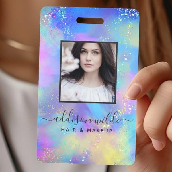 A Pastel Iridescent Business Card With A Woman'S Headshot And The Name Addison Wilde, Hair &Amp; Makeup.