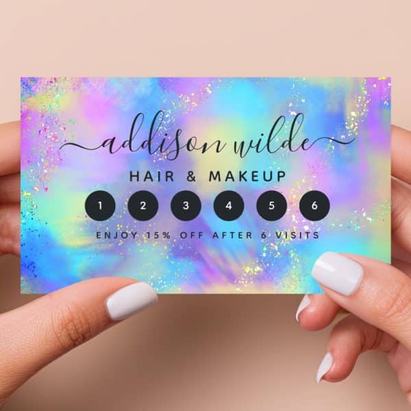 A Pastel Rainbow Loyalty Card For Addison Wilde Hair &Amp; Makeup, Featuring Six Spaces To Be Punched. After Six Visits, 15% Off Is Offered.