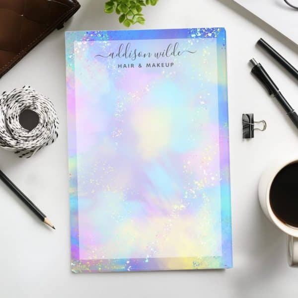 Pastel Iridescent Notepad With The Name Addison Wilde Hair &Amp; Makeup At The Top.